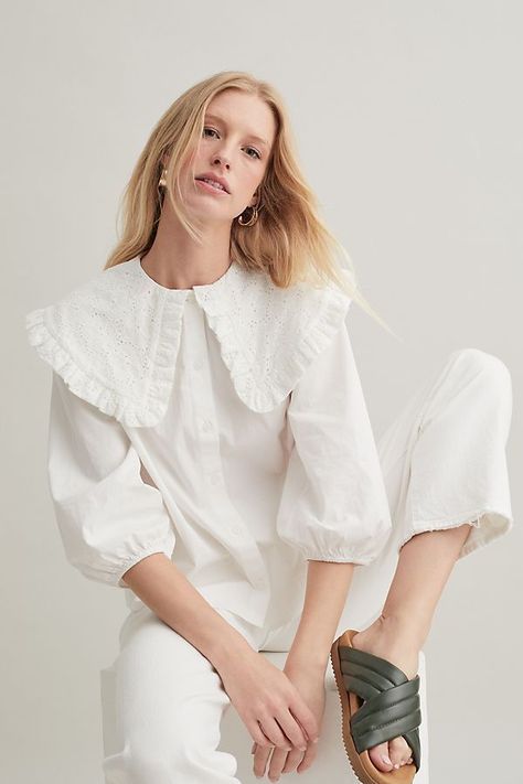 Collar Blouse Outfit, Big Collar Blouse, Collar Outfits, White Collar Dress, White Collared Blouse, White Blouses, Tailored Jumpsuit, Peter Pan Collars, Anthropologie Uk