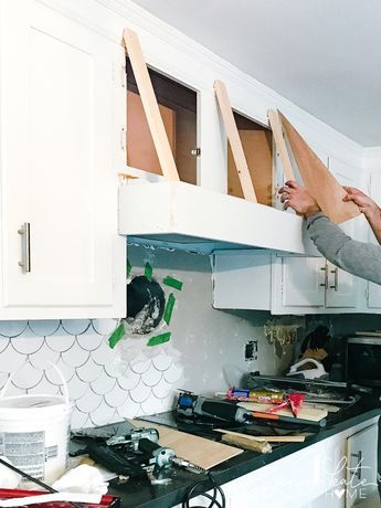 Week 5: DIY Vent Hood Cover & Tiling - Jenna Kate at Home Diy Vent Hood Cover, Kitchen Repaint, Diy Vent Hood, Vent Hood Cover, Kitchen Renovation Diy Ideas, Hood Vent Cover, Range Hood Cover, Cabinet Molding, Kitchen Vent Hood