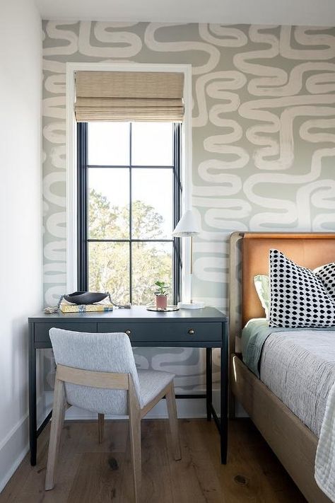 Wood and Leather Bed with Black Desk as Nightstand - Transitional - Bedroom Desk As Nightstand, Gray Desk Chair, Squiggle Wallpaper, Wallpaper Accents, Distressed Desk, Gray Desk, Unique Interiors, Air Design, Ski Cabin