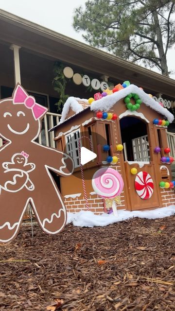 Morgan Renfro on Instagram: "What do yall think of the gingerbread family? Theyre doing fine through a little rain thankfully! #giantgingerbreadhouse #gingerbreadhouse #giantgingerbreadman #gingerbreadfamily #giantchristmasdecorations #littletikesplayhousemakeover #playhousemakeoverproject #playhousemakeover #christmasdiy #diy #lifesizegingerbreadhouse #playhousetransformation #lifesizegingerbreadhouse #transformation" Diy Playhouse Makeover Christmas, Hansel And Gretel House Diy, Little Tikes Gingerbread House, Playhouse Into Gingerbread House, Playhouse To Gingerbread House, Playhouse Gingerbread Makeover, Gingerbread Playhouse Diy, Little Tykes Gingerbread House, Christmas Playhouse Makeover