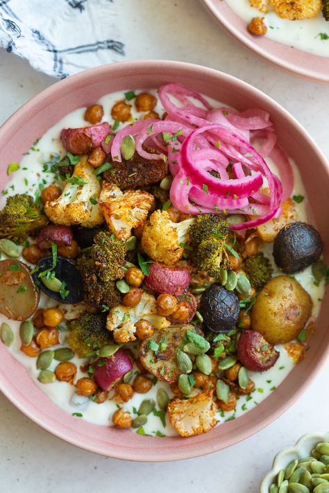 Plant Based Simple Meals, Roasted Veggie Bowls, Roasted Veggie Bowl, Purple Cabbage Salad Recipe, Vegetarian Tzatziki Bowl, Tzatziki Bowl Vegetarian, Garlic Buttered Noodles Recipe, Roasted Veg Buddha Bowl, Buddha Bowl Roasted Veggies