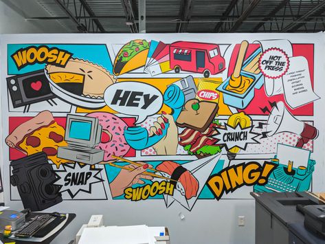 Comic Mural, Bold Office, Office Wall Graphics, Mural Cafe, Office Mural, Mural Art Design, Cafe Wall Art, School Murals, Custom Wall Murals