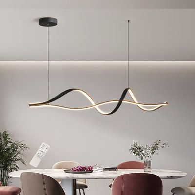 High quality LED light source fully dimmable with remote control from warm light (3000K) to white light (6000K). Brightness: 10-100%. Memory function of LED modern pendant light can be realized, which is more convenient. | Ivy Bronx Fanchet 2 - Light Black LED Kitchen Island Pendant in Black / White | 8.7 H x 43.3 W x 8.7 D in | Wayfair Pending Light Dining Room, Kitchen Modern Light, Suspended Lights Office, Off Centered Dining Room Light, Minimalist Dining Room Light Fixture, Modern Light Fixtures Dining Tables, Kitchen Light Pendants Over Island, Hanging Lights Office, Kitchen Counter Lights