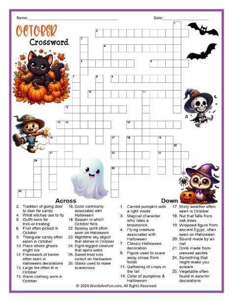 October Crossword Puzzle Fall Crossword Puzzles Printable, Halloween Crossword, Halloween Crossword Puzzles, Christmas Crossword Puzzles, Christmas Crossword, Spooky Words, Jumbled Words, Halloween Puzzles, Halloween Word Search