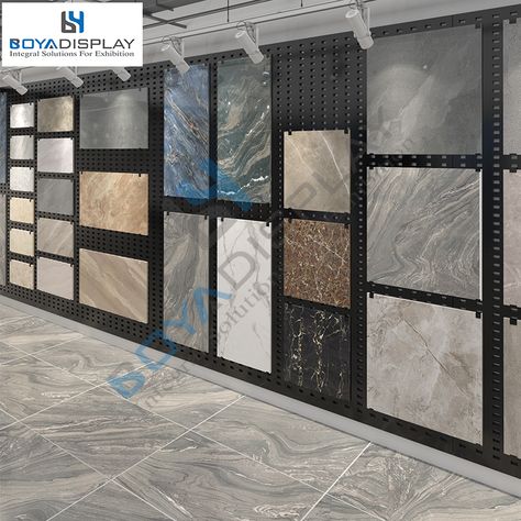 This display rack can be customized according to you wall size. Showroom Bathroom, Tile Wood Flooring, Marble Showroom, Wooden Floor Tiles, Perforated Plate, Tile Display, Tiles Showroom, Stone Display, Showroom Decor