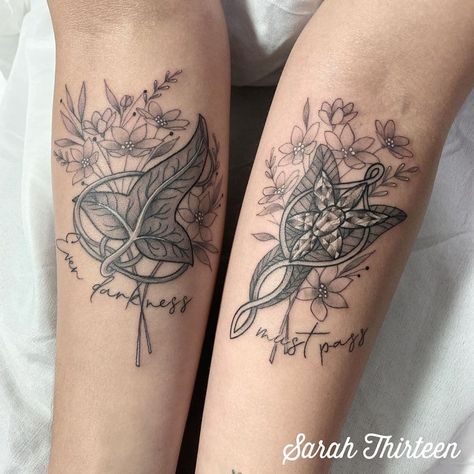 101 Amazing Lord Of The Rings Tattoos You Will Love! | Outsons | Men's Fashion Tips And Style Guide For 2020 Book Tattoo Ideas Sleeve, Leaf Of Lorien Tattoo, Tree Of Gondor Tattoo, Elvish Tattoo, Hobbit Tattoo, Tolkien Tattoo, Bestie Tattoos, Ring Tattoo Designs, Lotr Tattoo