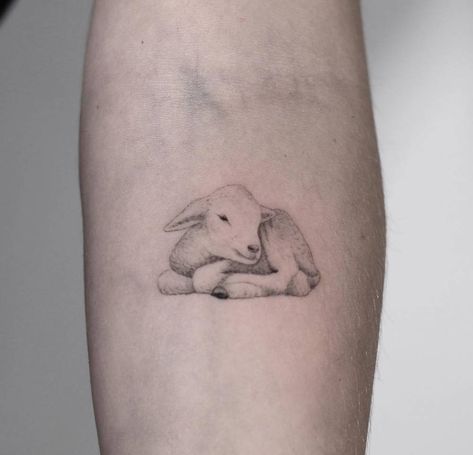 Lil' lamb tattoo on the left inner forearm. Realistic Sheep Tattoo, Realistic Lamb Tattoo, Sheep Tatoos Ideas, Sleeping Lamb Tattoo, One Lost Sheep Tattoo, Lamb Outline Tattoo, Black Lamb Tattoo, Lamb Head Tattoo, Lamb Tatoos