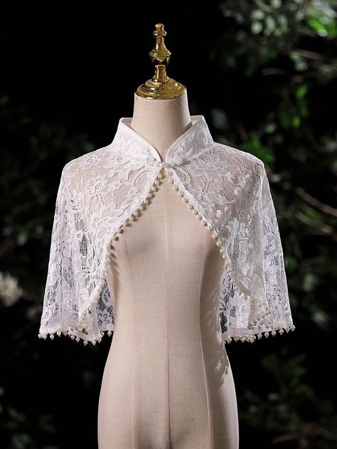 1pc Lace Shrug Cape With Pearls Decoration, Bridal Shawl, Party Outerwear For Women's Fashion Outfits White Basics   Fabric     Wedding & Event, size features are:Bust: ,Length: ,Sleeve Length: Wedding Dress Shawl, Lace Capelet, Wedding Jackets, Wedding Cloak, Lace Shrug, Pearl Decorations, Wedding Veils Lace, Dress With Shawl, Bridal Shawl