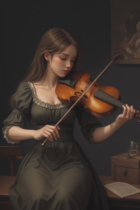 Person Playing Violin Reference, Violin Aesthetic Vintage, Person Playing Violin, Violin Art Painting, Violin Pose, Violin Illustration, Violin Drawing, Violin Girl, Girl Playing Violin