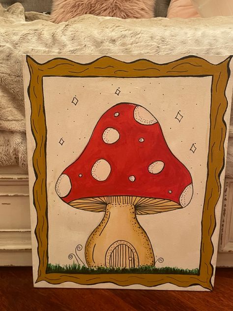 Mushroom House Painting, Best Painting Ever, Hello Kitty Printables, Cute Blue Wallpaper, Indie Drawings, Small Canvas Paintings, Simple Canvas Paintings, Cute Canvas Paintings, Easy Canvas Art