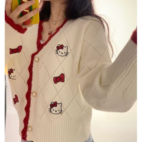 Clothes Sanrio, Sanriocore Aesthetic, Hello Kitty Cardigan, Hello Kitty Sweater, Red Hello Kitty, Kitty Sweater, Sanrio Fashion, Hello Kitty Items, Button Front Cardigan