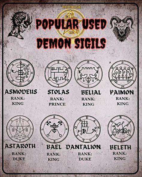 Demon sigils are fascinating symbols used in magical traditions to summon or control demons. 🧙‍♂️✨ Historically, these sigils have been featured in grimoires like the "Lesser Key of Solomon," offering power to those who know how to use them. 🔮 Modern techniques often involve transforming a demon's name into a unique design by removing vowels and repeating letters. 🖋️ In chaos magic, sigils are created by condensing a statement of intent into a symbol, which is then "charged" through medita... Demon Sigils Summoning, Demon Sigils And Meanings, Types Of Sorcerers, How To Summon Demons, How To Use Sigils, Summoning Symbols, How To Summon A Demon, Demons Names, Sigil Magic Symbols