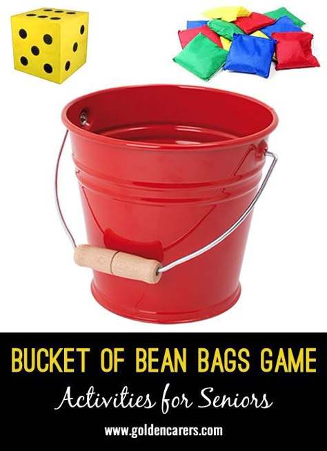 Bucket of Bean Bags Game: This simple and fun game promotes friendships and physical activity! Physical Activity Games, Assisted Living Activities, Senior Center Activities, Senior Citizen Activities, Memory Care Activities, Activities For Seniors, Senior Living Activities, Bean Bag Games, Therapeutic Recreation