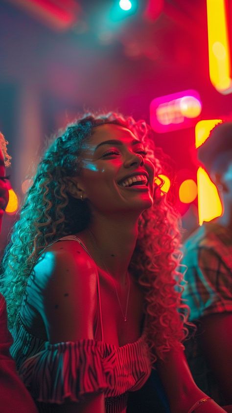 Joyful Club Night: A young woman enjoys a lively night out, surrounded by colorful neon lights and joy. #nightlife #woman #neon #joy #club #aiart #aiphoto #stockcake ⬇️ Download and 📝 Prompt 👉 https://ayr.app/l/zT6h Night Club Photography, Club Party Nightclub, Neon Lights Photography, Celebration Dance, Club Photography, Women Laughing, Outdoor Music, Night Portrait, Nightclub Party