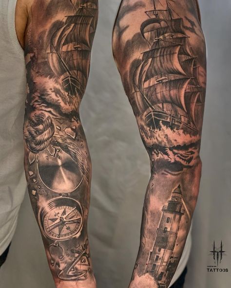 Ghost Ship Tattoo Sleeve, Nautical Ship Tattoo, Men’s Ship Tattoo, Black And Grey Pirate Ship Tattoo, Sea Sleeve Tattoo Men, Nautical Tattoos Mens, Nautical Lighthouse Tattoo, Nautical Half Sleeve Tattoo, Men’s Nautical Tattoos