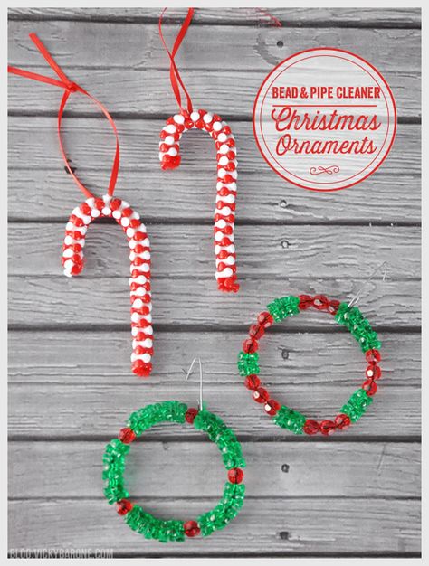 classic DIY ornaments that you might have made when you were a kid - candy canes and wreaths Pipe Cleaner Christmas Ornaments, Pipe Cleaner Christmas, Elf Crafts, Christmas Craft Show, Christmas Crafts For Kids To Make, Kids Christmas Ornaments, Christmas Decorations For Kids, Diy Ornaments, Beaded Christmas Ornaments