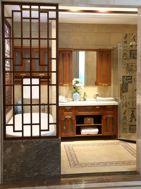 Chinese Classic Style Bathroom Cabinets Chinese House Design, Chinese Bathroom, Chinese Homes, Modern Chinese Interior, Japanese Bathroom Design, Chinese Interior Design, Asian Bathroom, Asian Bedroom, Chinese Style Interior