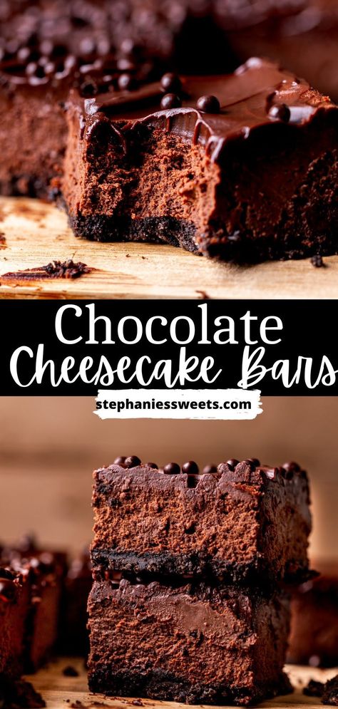 These chocolate cheesecake bars are super creamy and easy to make. They have an Oreo crust, chocolate cheesecake, and chocolate ganache. Cheesecake Brownie Bars, Cheesecake Baked, Oreo Crust Cheesecake, Chocolate Cheesecake Bars, Creamy Chocolate Cheesecake, Heavenly Desserts, Mini Dessert Recipes, Chocolate Cheesecake Recipes, Dessert Bar Recipe