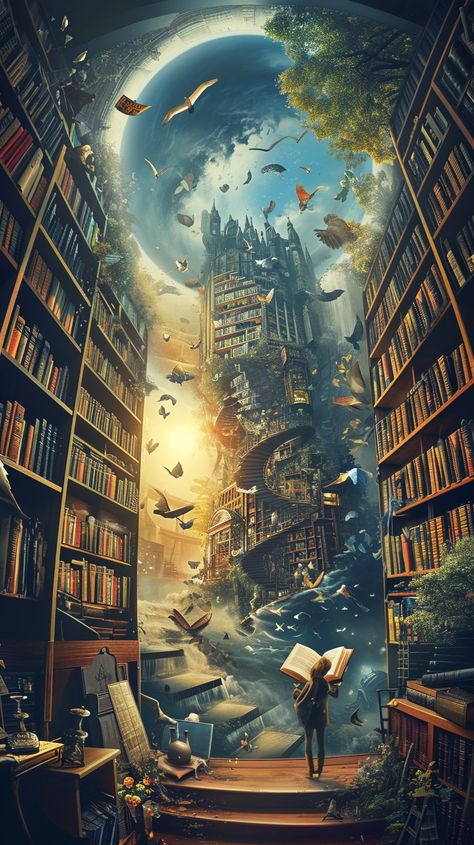 Imaginative Library Escape: A reader finds themselves transported into a fantastical world within the pages of a book. #fantasy #library #reading #adventure #imagination #aiart #aiphoto #stockcake ⬇️ Download and 📝 Prompt 👉 https://ayr.app/l/eqze Reading In A Library Aesthetic, Magic World Aesthetic, Fantasy Book Wallpaper, Fantasy Library Art, Library Fantasy Art, Magical Library Fantasy Art, Fantasy Library Aesthetic, Fantasy World Inspiration, Magic Library Aesthetic