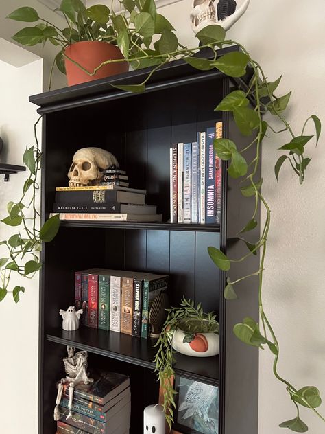 Halloween Bookshelf Decor, Halloween Bookshelf, Bookshelf Aesthetic, Bookshelf Inspiration, Dark Home Decor, Goth Home Decor, Room Redesign, Pinterest Room Decor, Female Fitness