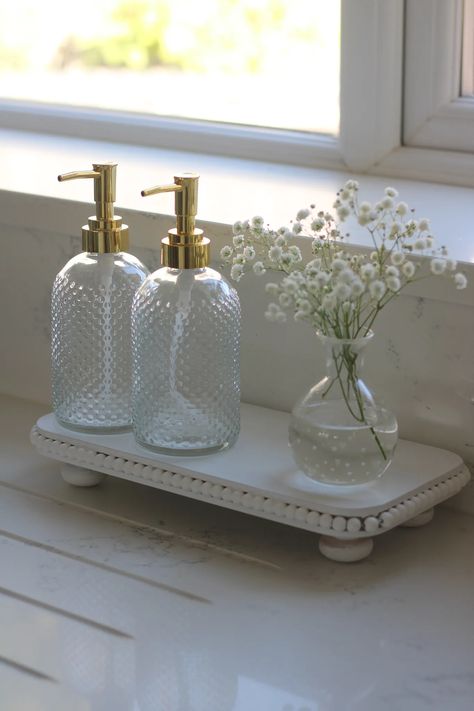 Garden Tub Decor Master Bath, Kitchen Countertop Decor, Bathroom Counter Decor, Sink Decor, Glass Soap Dispenser, Countertop Decor, Counter Decor, Soap Dispensers, Apartment Decor Inspiration