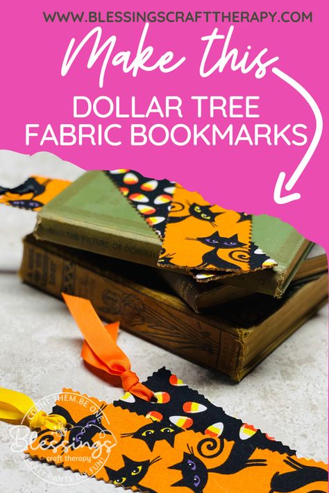 How To Store Bookmarks, Diy Picture Bookmarks, Diy Bookmarks Fabric, Making Bookmarks With Kids, Halloween Bookmark Craft, Fall Bookmark Craft, Diy Halloween Bookmarks, Fall Bookmarks Diy, Dollar Tree Fabric Crafts