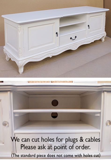 Chateau white Low Sideboard TV Unit Upcycling, Shabby Chic Tv Unit, Shabby Chic Tv Stand, Sideboard Tv, Shabby Chic Bedroom Furniture, Home Theater Furniture, Low Sideboard, French Country Furniture, Sideboard Tv Unit