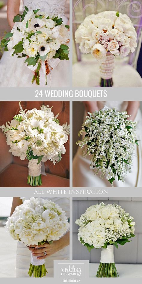 I like the middle left.  I don't like the bottom ones with all the same type of flowers, there isn't enough variety. Plain White Bouquet, Bride White Flower Bouquet, Round Wedding Bouquets White, Wedding Bouquets Fresh Flowers, Fresh Bouquet Flowers Wedding, Off White Flower Bouquet, Best Bridal Bouquet Flowers, White Flower Bridal Bouquet, White Wedding Bouquets Elegant