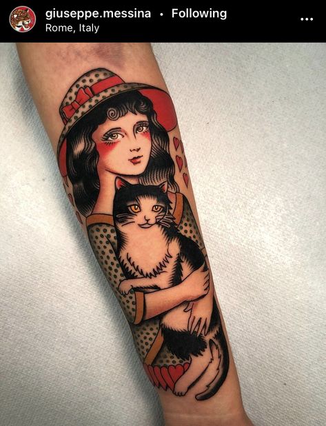 american traditional woman holding cat Trad Lady Tattoo, Cat Portrait Tattoo Traditional, Woman With Cat Tattoo, American Trad Cat Tattoo, Traditional Cat Tattoo Flash, Tradional Tattoo Ideas For Women, Black Cat Tattoo Traditional, Black Cat Traditional Tattoo, Trad Cat Tattoo