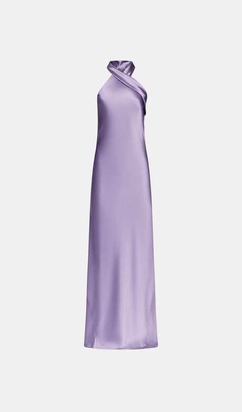 The floor-sweeping Pandora dress is cut on the bias for an ultra-flattering silhouette. It has a modern halterneck and luxuriously long sash that cascades down the back. Sizes small, take one size up if unsure. Silk Violet Dress, Purple Dress Royal, Purple Dress Satin, Purple Wedding Guest Dress, Purple Dress Wedding, Lilac Silk Dress, Purple Outfit Aesthetic, Exec Photoshoot, Character Closet