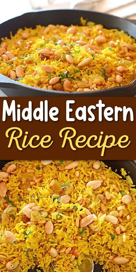 Skillet of yellow rice with nuts with Pinterest overlay. Easy Yellow Rice, Lebanese Rice Recipe, Middle Eastern Recipes Arabic Food, Middle Eastern Rice, Yellow Rice Recipe, Yellow Rice Recipes, Turmeric Yellow, Rice Side Dish Recipes, Middle East Food