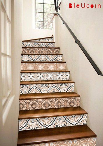 Bohemian Stairs, Tile Stairs Indoor Staircases, Stairway Landing Decorating Ideas, Entry Staircase Ideas, Boho Stairs, Vintage Stairs, Tiled Stairs, Stairs Vintage, Stair Riser Vinyl