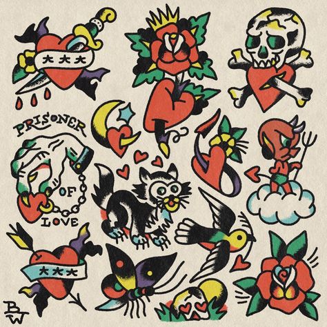 Valentines Day Flash hot and ready for your skin! I will be tattooing off this sheet for this whole week, so If you can’t make it tomorrow,… | Instagram Valentine’s Day Traditional Tattoo, Ed Hardy Flash Sheet, Sailor Jerry Flash Sheet, Afycso Tattoo, Vintage Tattoo Flash Sheet, Valentines Flash Sheet, Dan Higgs Flash, Trad Filler Tattoos, Valentine’s Day Flash