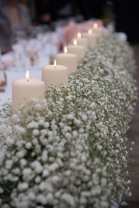 love this row of baby's breath and candles lining the wedding reception tables! ~  we ❤ this! moncheribridals.com Baby's Breath, Table With Flowers, Wedding Cheap, Easy Decorations, Winter Wedding Table, Cheap Wedding Decorations, Candle Wedding Centerpieces, Babies Breath, Table Runners Wedding