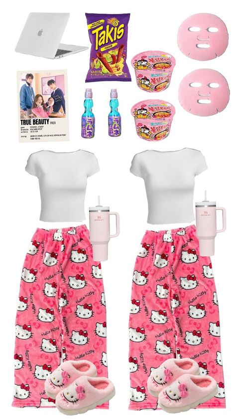 Slumber Party Outfit Ideas, Matching Bestie Pajamas, Matching Pyjamas Friends, Hello Kitty Pyjamas, Pyjamas Aesthetic, Sleepover Pajamas, Cute Pajama Outfits, Hello Kitty Pajama Pants, Pajama Day At School