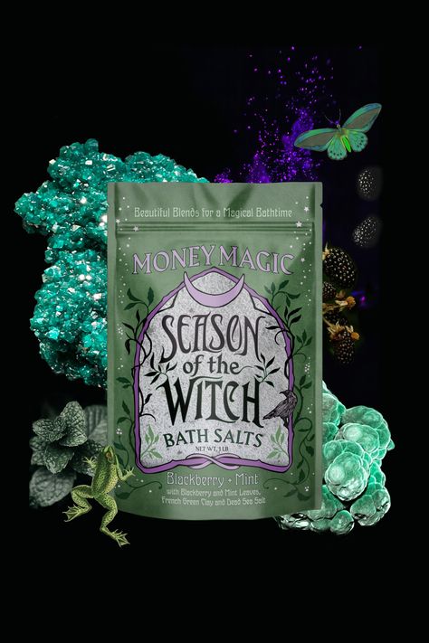 Witchy packaging for magical bath salts. Witchy Packaging, Salt Packaging Design, Magical Bath, Salt Blends, Salt Packaging, Magic Bath, French Green Clay, Witch Doctor, Dead Sea Salt