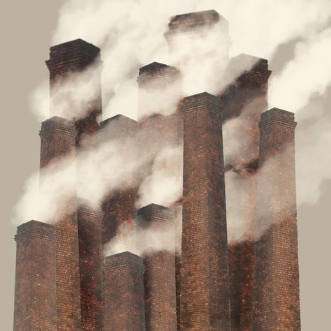 a group of smoking brick chimneys on a industrial style artwork The Industrial Revolution Art, Industrial Revolution Factory, Industrial Era Aesthetic, Industrial Revolution Aesthetic, Industrial Revolution Art, Mining Aesthetic, Industrial Factory Architecture, Industrial Revolution Fashion, Industrial Art Painting