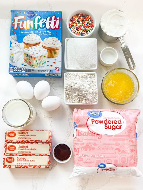 Funfetti Cake Mix Recipes, Confetti Cake Recipes, Dance Around The Kitchen, Doctored Cake Mix Recipes, Homemade White Cakes, Cake Mix Doctor, Smooth Buttercream, Cake Mix Cupcakes, Box Cake Recipes