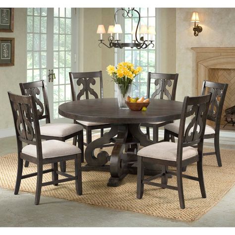 Picket House Furnishings Stanford 7 Piece Round Pedestal Dining Table Set Round Dining Room Sets, Transitional Dining Room, Taupe Fabric, Round Dining Room, Round Dining Set, Dark Ash, 7 Piece Dining Set, 5 Piece Dining Set, Gathering Space