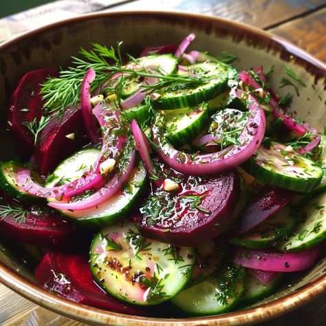 Garden Fresh Cucumber and Beetroot Salad with Herbs Salads With Beetroot, Roasted Beet Salad Recipes, Beetroot And Cucumber Salad, Vegan Beet Salad, Vegan Beetroot Salad, Beetroot Recipes Salad With Chutney, Beet And Cucumber Salad, Beetroot Salad Recipes, Beetroot Salad With Yogurt