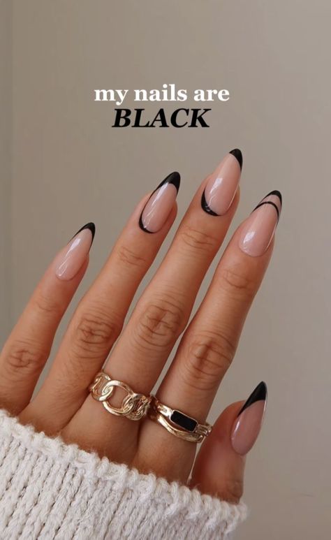 Nail Inspo With Black, Halloween Classy Nails, Simple Nail Designs Coffin Shape, Black Engagement Nails, Milky Black Nails, Black Tie Nails Classy, Simple Fun Nails, French Manicure With Black Tips, Black Dress Nails