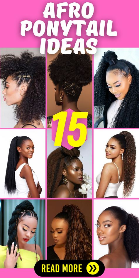 Rock Your Style: Afro Ponytail Hairstyles for Women: Explore the versatility and beauty of afro ponytail hairstyles designed for women. Whether you prefer a sleek and polished look or a more natural and voluminous style, afro ponytails offer a stunning and eye-catching hairstyle option. Discover different techniques, such as drawstring ponytails or plaquage cheveux, to achieve the perfect afro ponytail that complements your individual style. Natural Weave Ponytail Hairstyles, Afro Ponytail Hairstyles For Black Women, Curly Drawstring Ponytail Hairstyles, Ponytail Extension For Black Women, Natural Hair Ponytails For Black Women, Puff Ponytail Hairstyles, Afro Ponytail Hairstyles, Curly Ponytail Black Women, Natural Ponytails For Black Hair