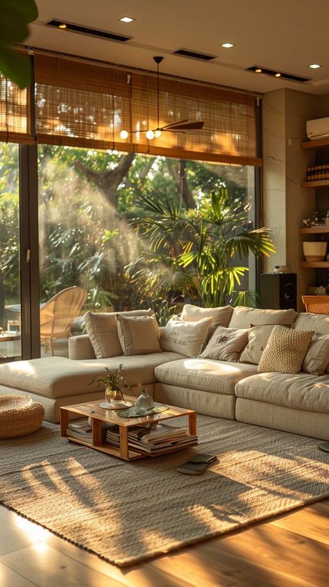 Luxury Living Room Couch, Rugs Wooden Floor, Couches And Pillows, Sofas For Wooden Floors, Living Room Designs L Couch, Aesthetic Boho Living Room, Wooden Style Living Room, Window Side Decor Ideas, Scandivanian Living Room