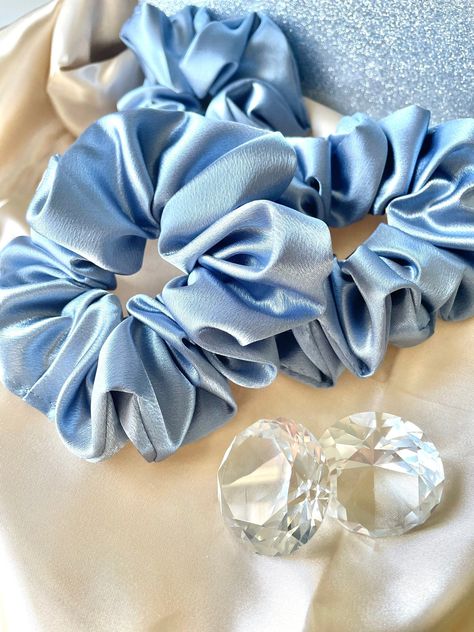 Blue Hair Accessories Aesthetic, Elegant Scrunchie, Satin Hair Scrunchie, Cinderella Gown, Slip Silk Scrunchie, Light Blue Scrunchie, Scrunchie Styles, Blue Scrunchie, Hair Acessories