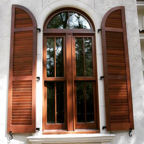 Arch Window House Exterior, Window Wooden Shutters, Windows With Shutters Exterior, Spanish Shutters, Arched Window Shutters, Shutters For Arched Windows, Arched Windows Exterior, Radius Window, Shutters Interior Window