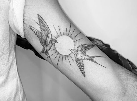 Mexico City Tattoo Ideas, Bird And Sun Tattoo, Bird Forearm Tattoo, Sun Rays Tattoo, Swallow Bird Tattoo, Swallow Tattoos, Swallow Bird Tattoos, Sunrise Tattoo, Word Tattoo Ideas