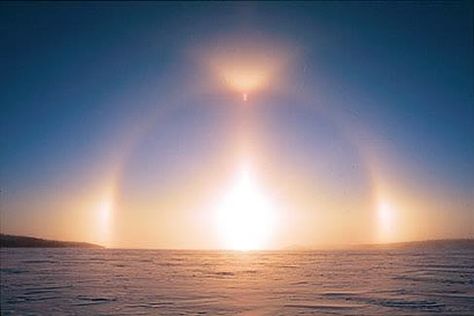 || Sundogs, or parhelion, are made commonly of plate-shaped hexagonal ice crystals in high and cold cirrus clouds or, during very cold weather, by ice crystals drifting in the air at low levels. These crystals act as prisms, bending the light rays passing through them. If the crystals are randomly oriented, a complete ring around the sun is seen. But often, as the crystals sink through the air they become vertically aligned, so sunlight is refracted horizontally — in this case, sundogs are seen. Sun Dogs, Atmospheric Phenomenon, Ice Crystals, Light Rays, Very Cold, To Infinity And Beyond, Prisms, Natural Phenomena, Sky And Clouds