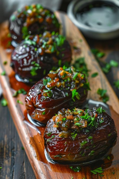 Stuffed dates garnished with fresh herbs on a wooden platter. Dates Food Ideas, Book Club Snacks Easy, Whipped Feta Stuffed Dates, Fruit And Cheese Appetizers, Halloween Savory Appetizers, Stuffed Food Ideas, Savory Stuffed Dates, Whimsical Appetizers, Savory Date Recipes