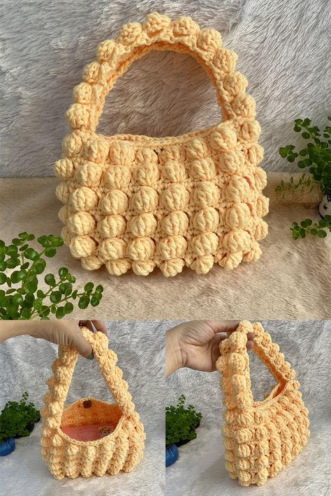 CROCHET BAG : Crochet Puff Bubble Bag Tutorial | Easy Crochet Shoulder Bag | Bubble Puff Crochet #crochetbag #shoulderbag #crochetpuffstitch #crochet Materials: 1. Cotton Yarn 8ply size 4.5 mm. 2. Crochet Hook No.10 size 6 mm. 3. Magnetic Button 18 mm. 4. Scissors 5. Needle Finished size: Height 16 cm. Width 24 cm. Depth 5 cm Bubble Stitch Crochet, Bubble Stitch, Popcorn Bag, Mochila Crochet, Bag Crochet Pattern, Crochet Purse Pattern Free, Crochet Shoulder Bags, Free Crochet Bag, Confection Au Crochet