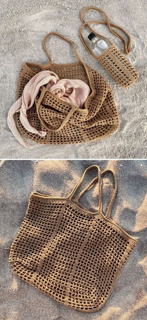 Beach Crochet Bag Free Pattern, Crochet Summer Essentials, Summer Bag Crochet Patterns, How To Crochet A Beach Bag, Simple Crochet Market Bag, Knitted Beach Bag, Mesh Bag Crochet Pattern Free, Mesh Crochet Bag Pattern Free, How To Crochet A Mesh Bag